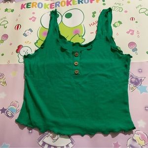 Bright Green Lettuce Hem Ribbed Tank Top with Faux Button Details NWOT